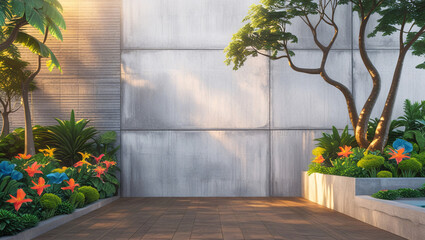 Fototapeta premium This image showcases a modern, minimalist outdoor space that beautifully marries nature with architecture.