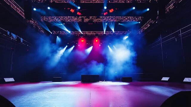 Empty concert stage illuminated by colorful lights with smoke, ready for a live performance