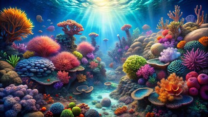 Naklejka premium Vibrant Underwater Scene Featuring a Diverse Array of Coral Reefs and Fish, Illuminated by Sunbeams Penetrating the Ocean's Surface