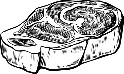 Black and white sketch of a raw steak with detailed marbling and texture. Vector illustration