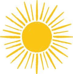 Yellow sun with sunrays illustration , cheerful symbol. Vector illustration