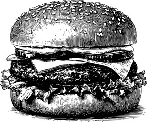 Obraz premium Black and white illustration of a classic cheeseburger with sesame seed bun. Vector illustration