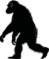 Silhouette of a walking bigfoot with furry outline and detailed posture. Vector illustration