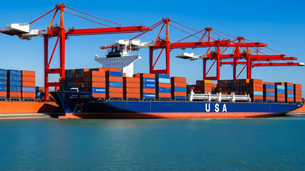 Fototapeta premium Trade tensions reflected in shipping activities between USA and China with red cargo containers