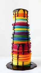 Tall Stack of Rainbow Pancakes Drizzled with Chocolate Syrup Isolated on White Table Bright Colors and High Angle View Perfect for Decoration