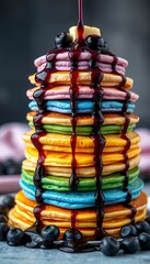 Tall Stack of Rainbow Pancakes Drizzled with Syrup and Fresh Blueberries Close Up Shot