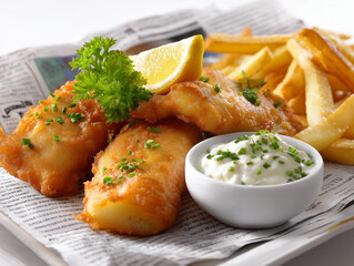 fish and chips placed on the news paper, with slice of lemon and small bowl of tartar sauce, isolated on white background

