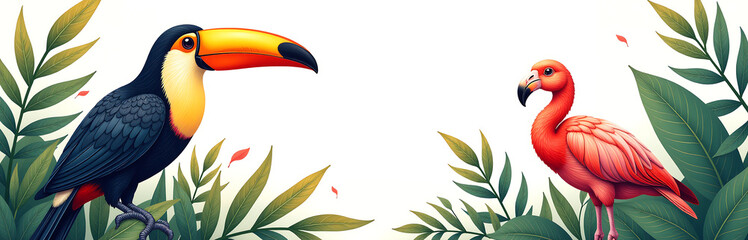 Fototapeta premium colorful illustration cheerful toucan flamingo parrots amidst lush greenery isolated white background warm