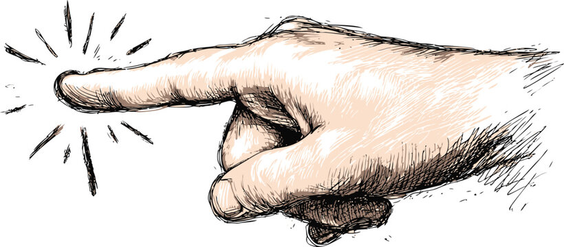 Hand sketched pointing index finger with radiating lines illustration. Vector illustration