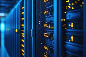 Server racks illuminated with glowing indicators in a data center