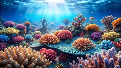 Obraz premium Vibrant Underwater Scene Showcases a Thriving Coral Reef Ecosystem with Sunbeams Illuminating Diverse Coral Formations