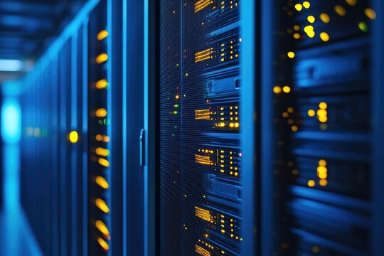 Server racks illuminated with glowing indicators in a data center - Powered by Adobe