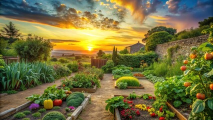 Fototapeta premium Serene Sunset Garden Vibrant Vegetables and Flowers Flourish in a Picturesque Cultivated Landscape at Golden Hour