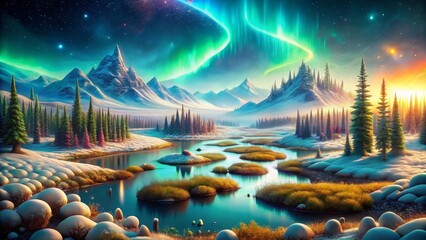 Enchanted Winter Landscape Serene River Winds Through a Snowy Valley Under an Aurora Borealis
