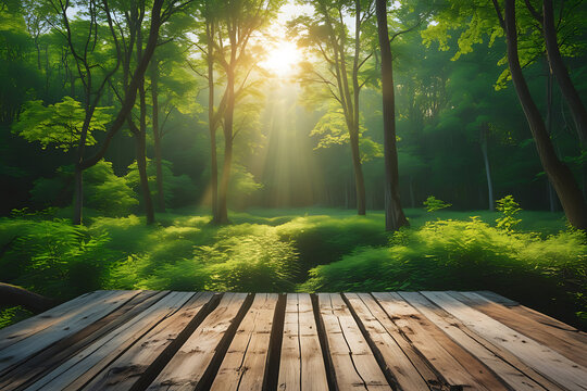 Scenic forest landscape with wooden deck featuring sunlit trees and lush greenery peaceful nature scene