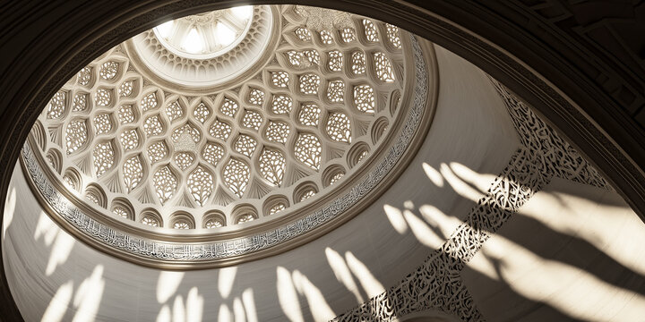 Dramatic spotlight through lattice dome ceiling casting stone-carved Islamic shapes and shadows on a lamb below