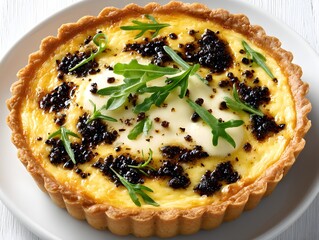 A delicious savory tart with creamy filling topped with truffle, arugula, and mozzarella cheese is ready to serve.