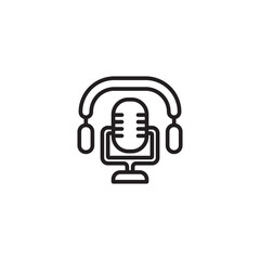 A black and white icon of headphones surrounding a retro-style microphone on a stand, representing podcasting, audio recording, or online voice communication.