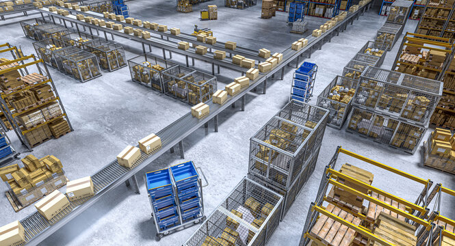 Cardboard boxes are moving on a conveyor belt  3d