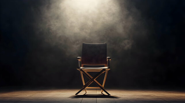 A director's chair sits center stage under a spotlight in a dark room.