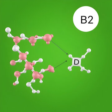 Scientific illustration displays thromboxane B2 skeletal structure. Prostanoid compound molecule. 3D model shows atoms, bonds. Green backdrop. Biochemistry, inflammation, pain, fever research. Useful