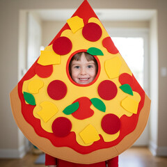 Cute Child Wearing Pizza Costume – Fun Food-Themed Outfit for Halloween or Dress-Up Party, Playful and Whimsical