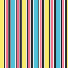 Obraz premium A vibrant striped pattern showcases vertical lines of blue, yellow, pink, black, and white.