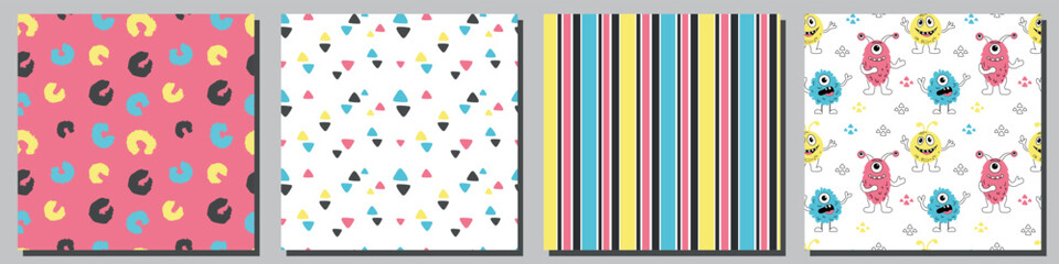 Playful Kids Pattern Bundle with Monsters and Shapes. Set of four seamless vector patterns including  monsters, abstract brush shapes, multicolor triangles, and vertical stripes in playful colors