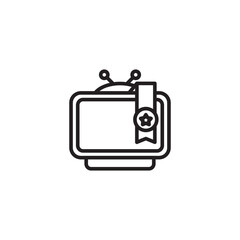 Naklejka premium A black and white icon of an old-fashioned television with antennas and a bookmark or tag hanging from the screen. The tag features a star symbol.