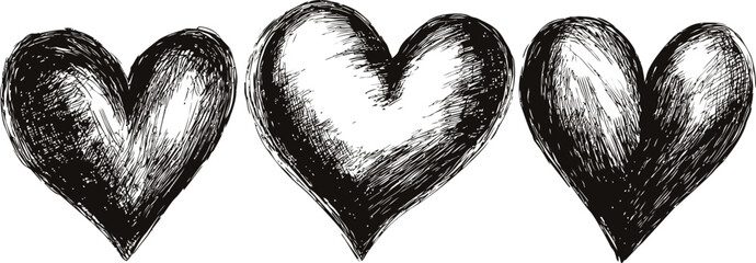 Black and white sketch of three hearts with textured shading, artistic design. Vector illustration
