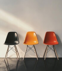 Three colorful chairs in a modern waiting area
