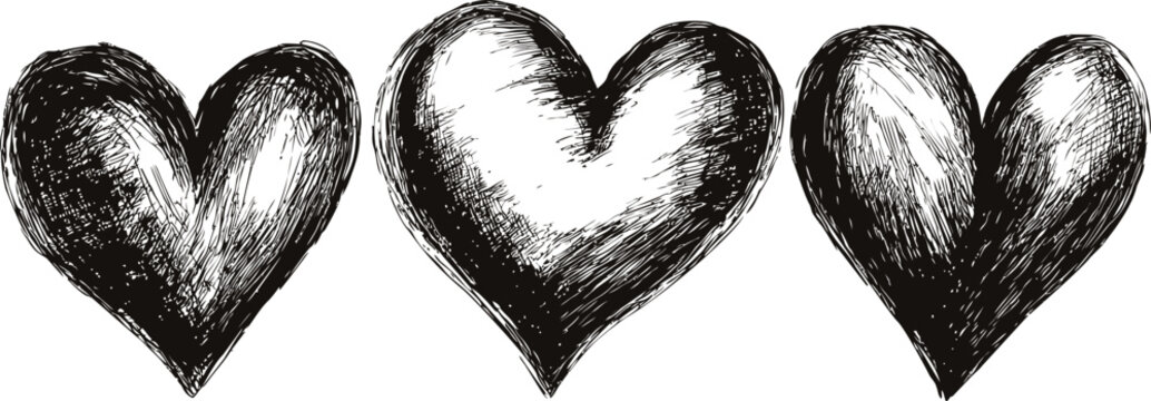 Black and white sketch of three hearts with textured shading, artistic design. Vector illustration
