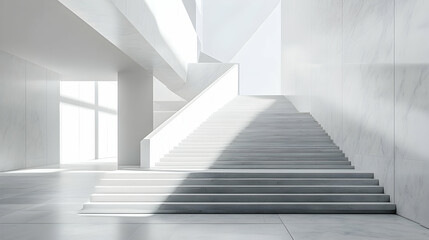 Obraz premium Modern minimalist interior with a staircase bathed in sunlight.