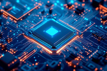 High-tech CPU on circuit board, glowing lines, digital background, for technology concept