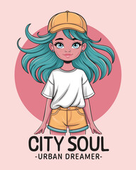 Urban girl character with teal hair and yellow cap, slogan, t-shirt design