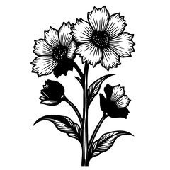 Elegant floral arrangement rendered in high-contrast black and white illustration