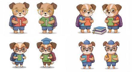 Cartoon Adorable Dogs Going To School - Six cute cartoon dogs wearing glasses and backpacks, carrying books, ready for school. Perfect for education, back to school themes