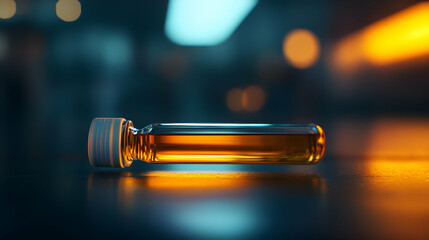 A small glass vial containing liquid sits on a reflective surface.
