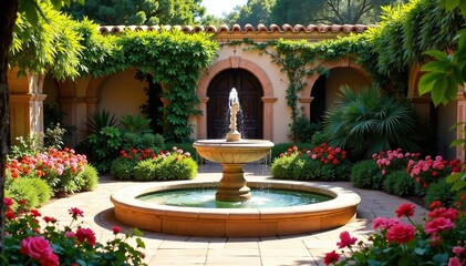 Fototapeta premium Andalusian patio garden, vibrant flowers, Sevilla fountain , fountain, spring