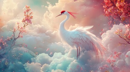 White crane in clouds, cherry blossoms, serene, fantasy art, peaceful scene