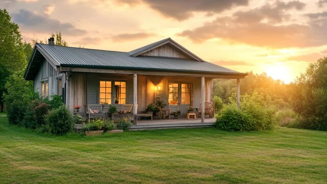 A small house with a porch and a large tree in the background. The house is surrounded by a lush green lawn