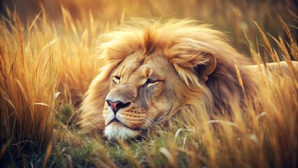 Naklejka premium Majestic Male Lion Resting Serenely Amidst Golden Grassland, Basking in the Warmth of the Setting Sun