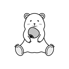 うちわを持つシロクマの夏イラスト（モノクロ・PNG）