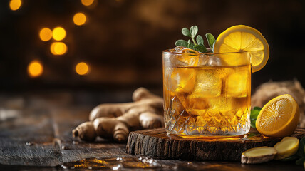 Golden honey whiskey cocktail over ice in a rustic wooden mug with lemon and ginger garnish