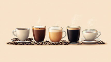 A group of different types of coffee served in various cups showcasing rich aromas and unique textures