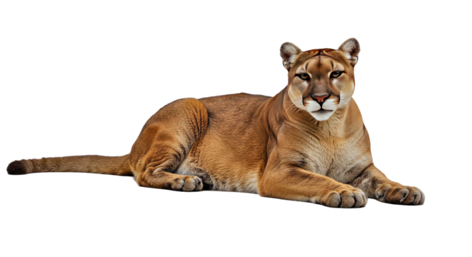 Resting cougar lying down with relaxed expression and alert ears, full body isolated on white background-