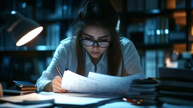 Determined woman in office attire cross-references thick documents with digital spreadsheet, working late under desk lamp glow