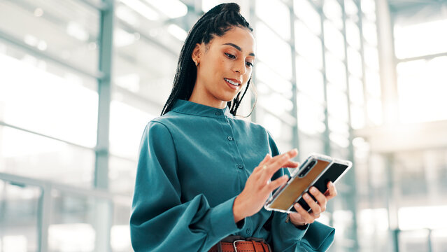 Lobby, office and business woman with phone for communication, internet connection and social media. Professional, corporate and person on smartphone for contact, online website and B2B networking - Powered by Adobe