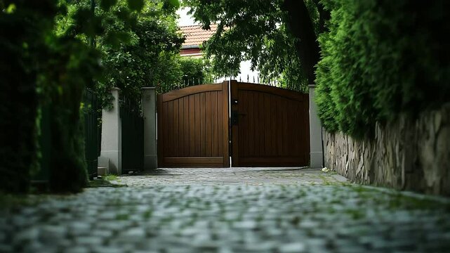 Electric wooden gate remains closed as remote-controlled sensors silently engage, protecting interior courtyard hidden behind solid stone fence