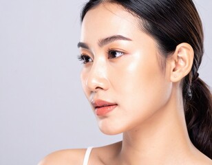 Smiling brunette woman with fresh natural makeup and clear skin in a closeup beauty portrait